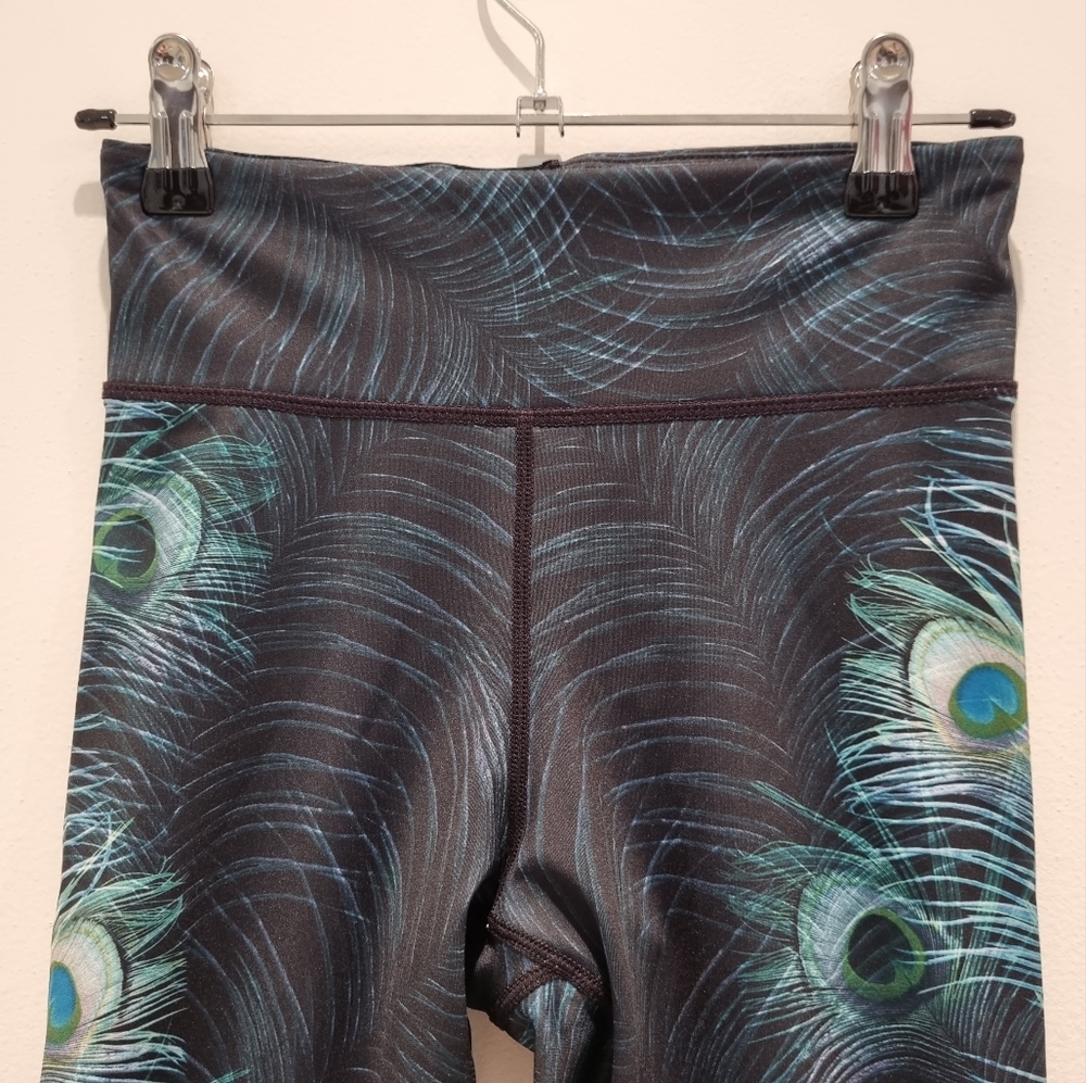 DHARMA BUMS Black Tights/Leggings with Teal Peacock Feather Print, Size XS - Picture 2 of 6